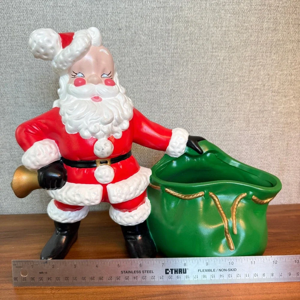Vintage 1981 Ceramic Musical Santa Claus Figurine‎ Green Toy Bag Planter Dish